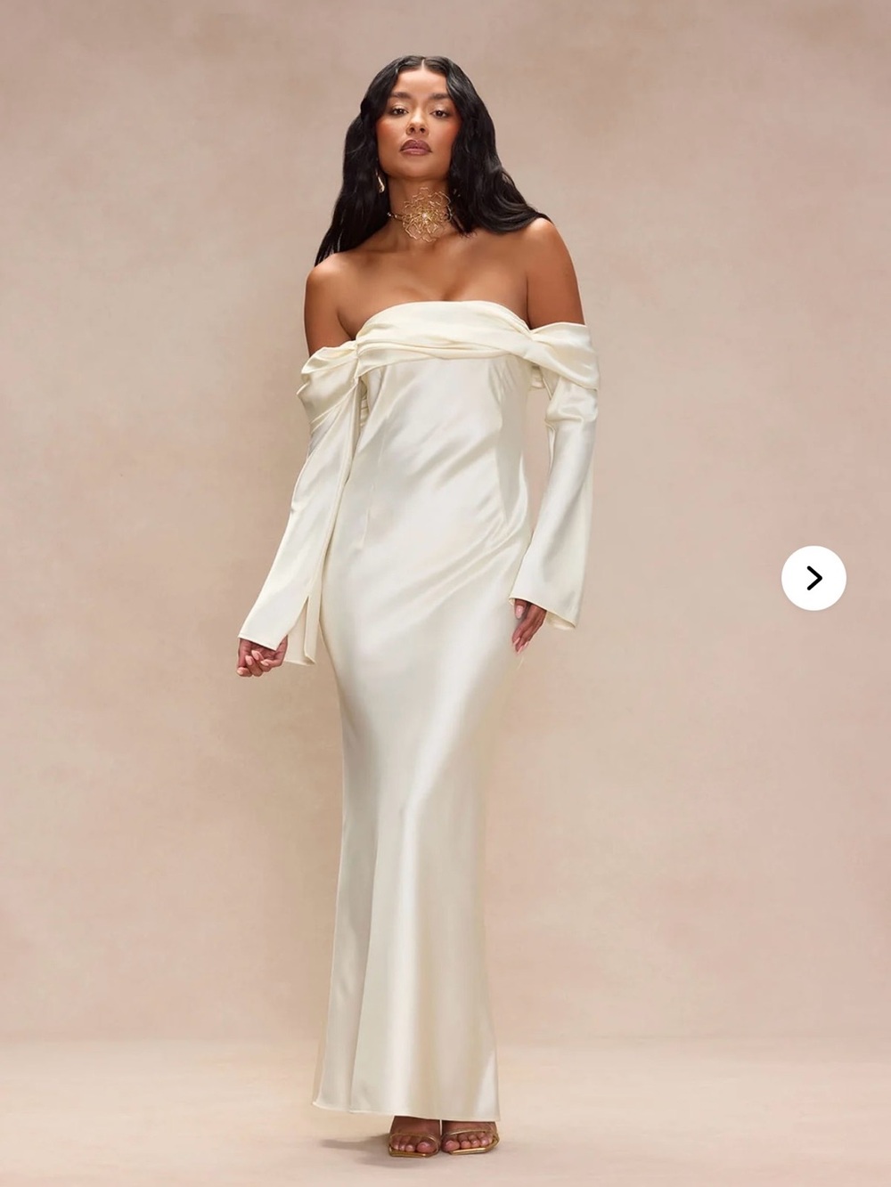 NWT Fashion Nova Off-Shoulder Cream Satin Evening Dress